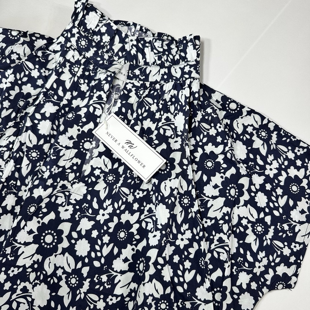 Never A Wallflower Floral Mini Dress XS Blue White Cotton Pockets NWT